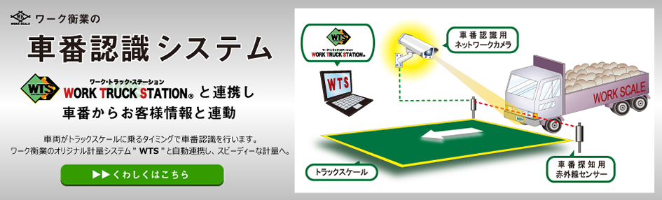 車番認識システム WORK TRUCK STATIONと連動し車番からお客様情報と連動。車両がトラックスケールに乗るタイミングで車番認識を行います。ワーク衡業オリジナル計量システムWTSと自動連携し、スピーディーな計量へ。